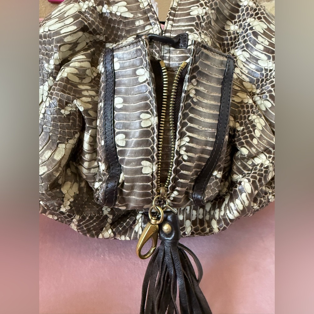 💯 Auth FURLA Snakeskin Leather Hobo Shoulder Bag w Brown Leather & Large Tassle - Picture 7 of 16